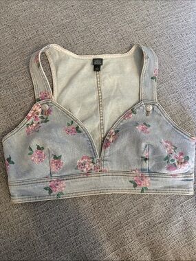 wild fable Light Wash Denim Floral Crop Top in Pink and Green